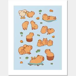 Many capybaras swimming with oranges, chilling and relaxing Posters and Art